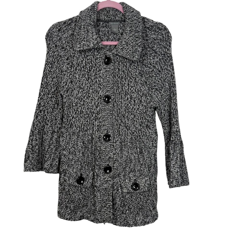 Ann Taylor Chunky Knit Button Front Cardigan Sweater | Black Marled | Size Large
